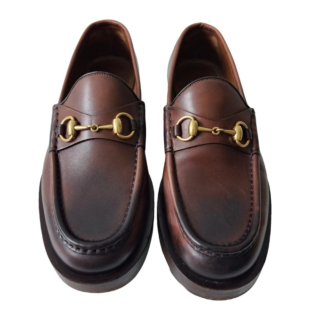 Gucci Brown Leather Loafers with Gold Detail